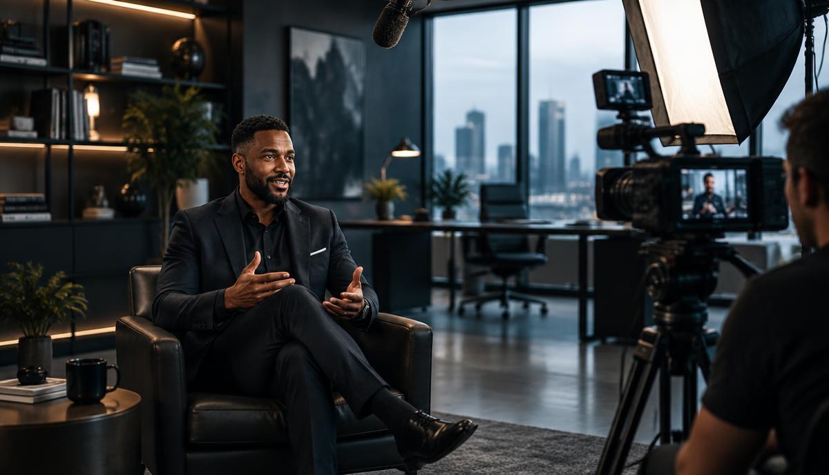 Business owner in a professional CloneCraft capture session with camera, lighting, and microphone