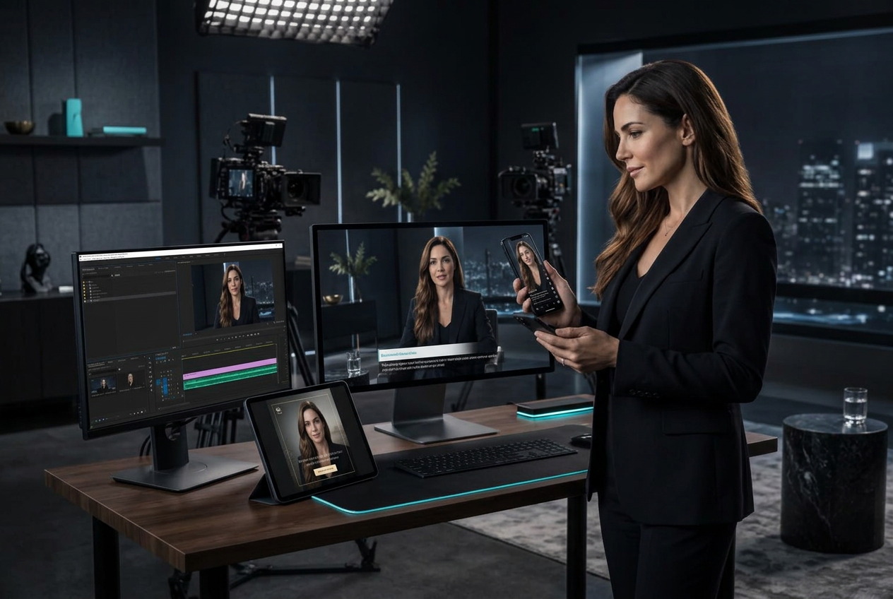 The same founder appearing across multiple professional video, social, web and ad formats
