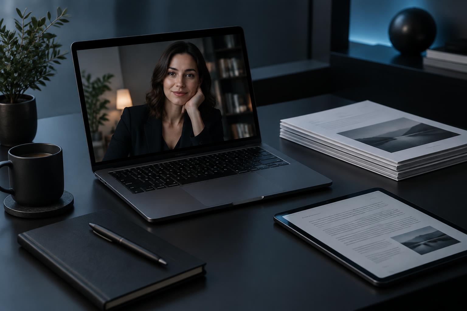 Founder's portrait on a laptop beside documents and brand materials used to train her digital twin