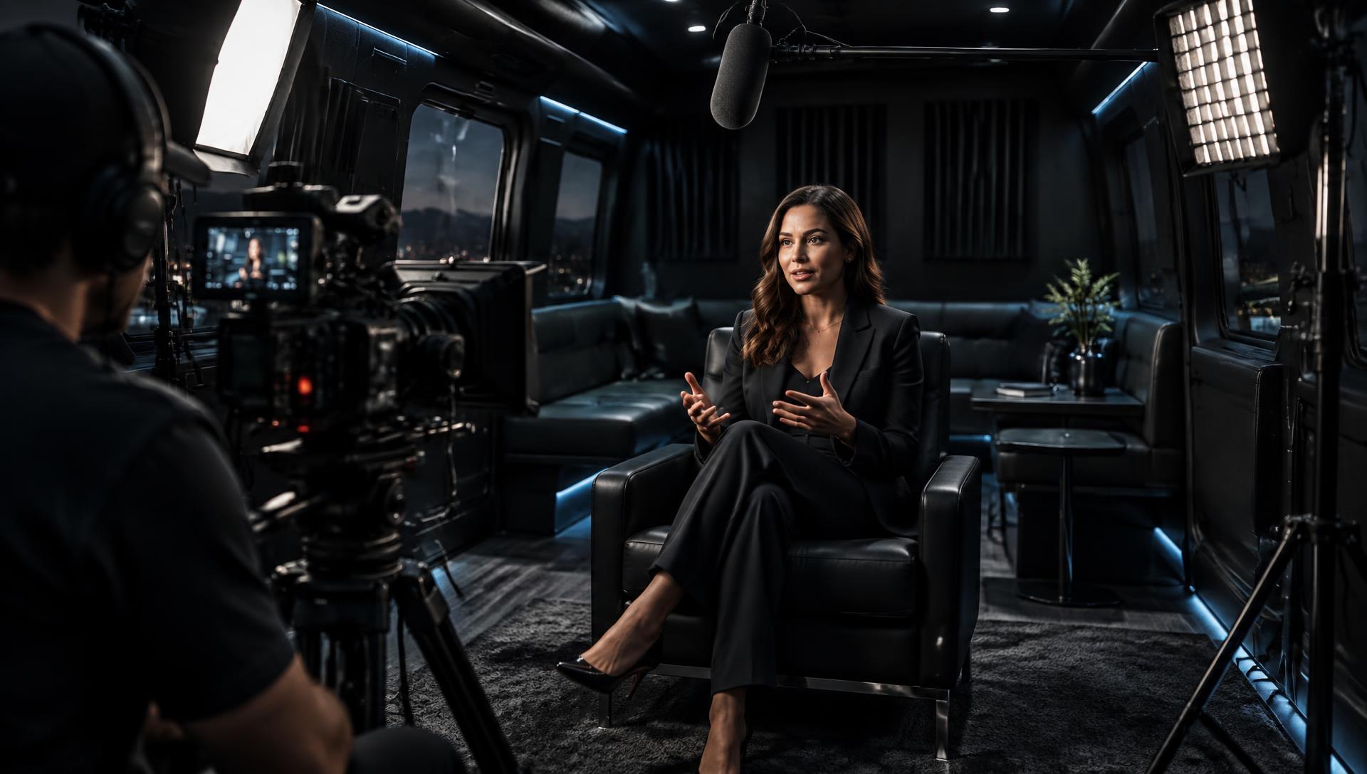 Executive being filmed with a cinema camera, professional lighting, and boom microphone inside the CloneCraft Mobile Studio